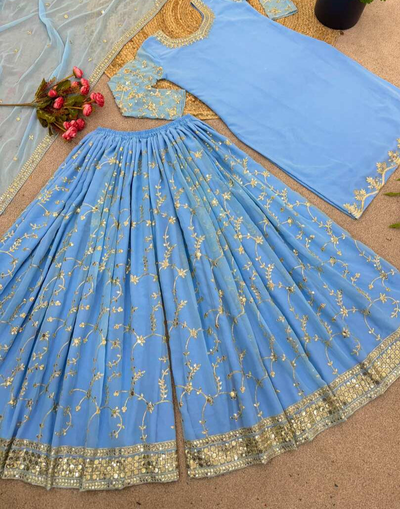 Top Palazzo Dupatta Bleu Ciel 3 pièces