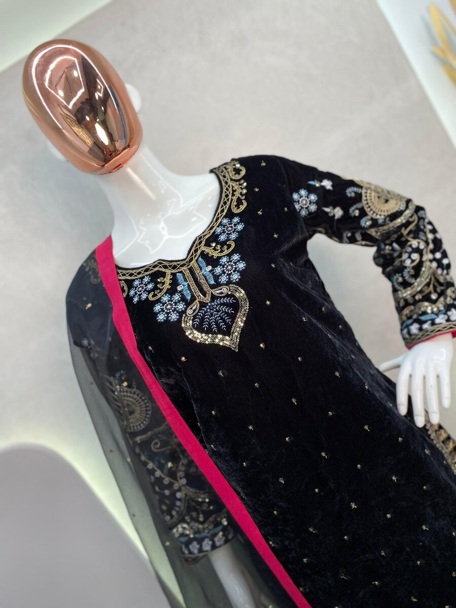 VELVET TOP PALAZZO DUPATTA BLACK 3 pièces
