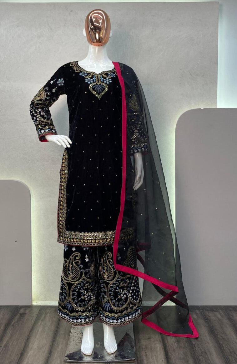 VELVET TOP PALAZZO DUPATTA BLACK 3 pièces