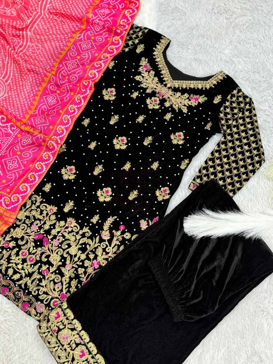 Top Palazzo Dupatta Noir et rose 3 pièces