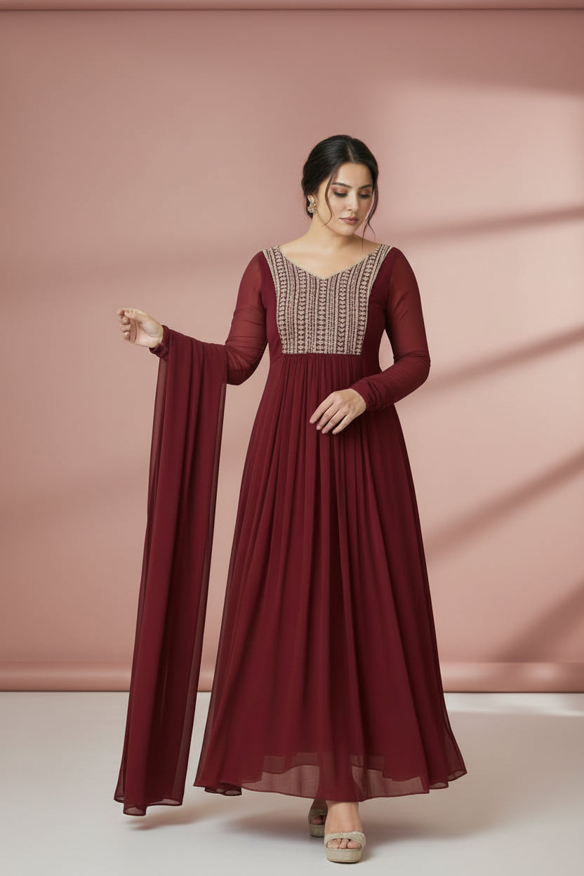 Robe Dupatta Rouge Bordeau  2 pièces