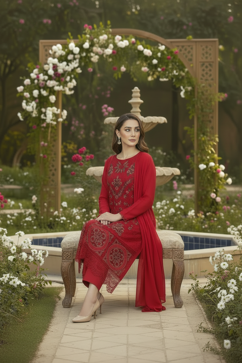 Shalwar Kameez Rouge Bordeau 3 pièces
