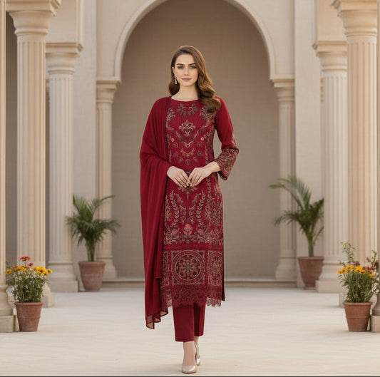 Shalwar Kameez Rouge Bordeau 3 pièces