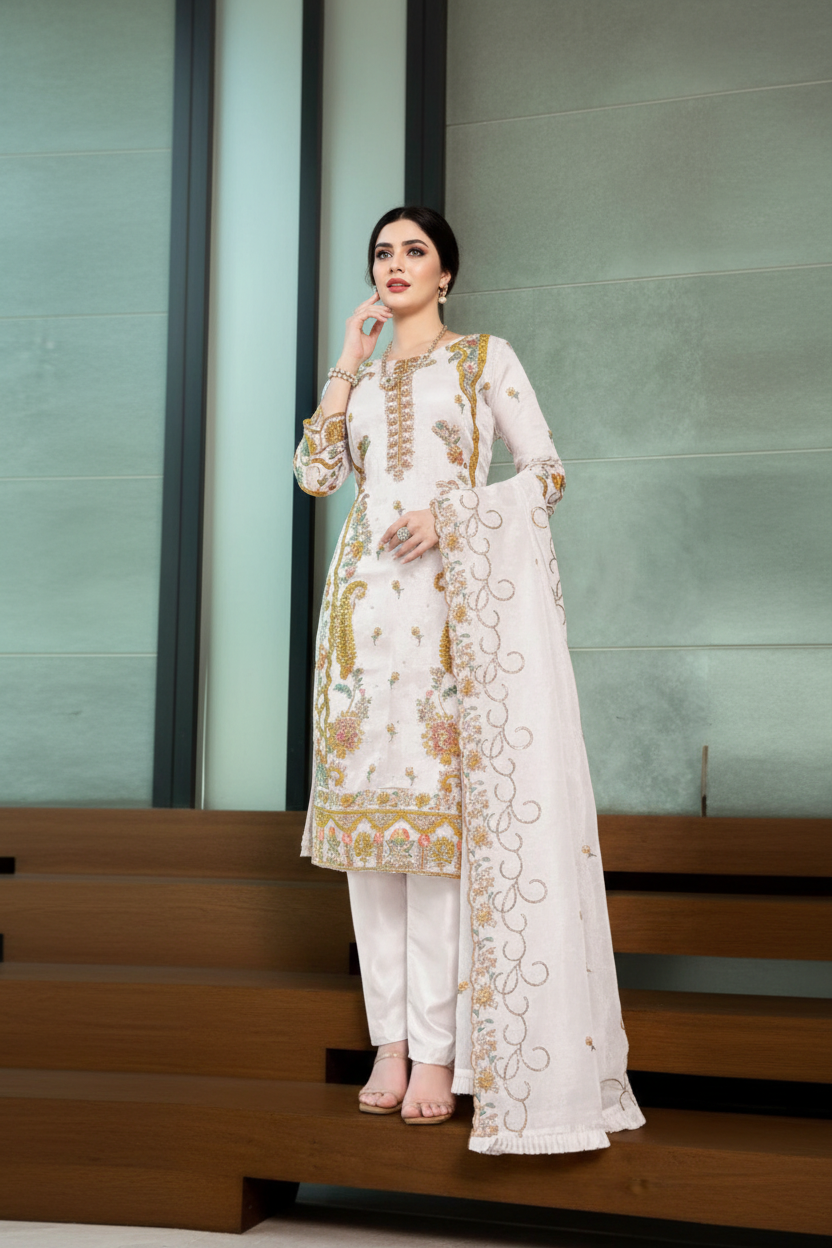 Shalwar Kameez Blanc  3 pièces
