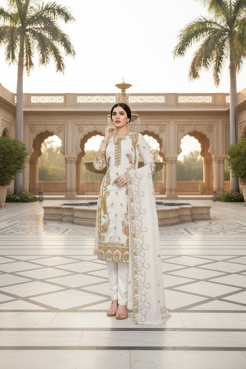 Shalwar Kameez Blanc  3 pièces