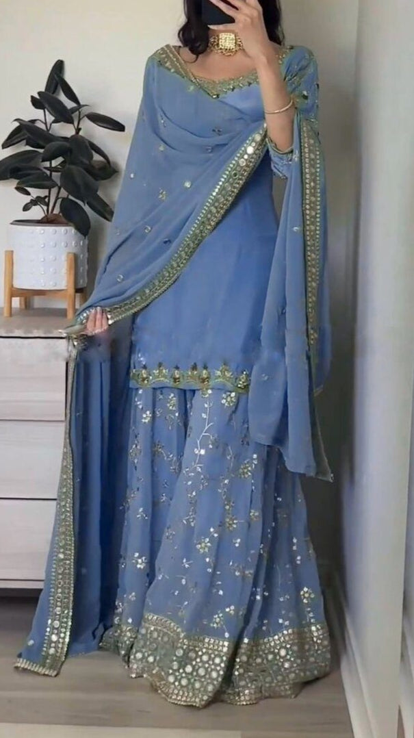 Top Palazzo Dupatta Bleu Ciel  3 pièces