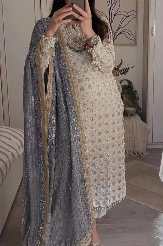 Kurta Bas Dupatta Blanc Gris Bleu  3 pièces