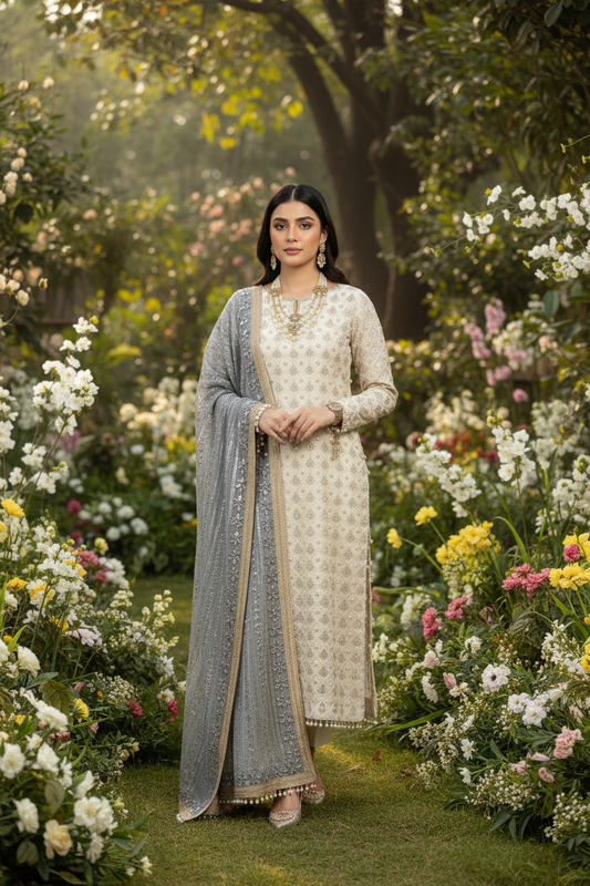 Kurta Bas Dupatta Blanc Gris Bleu  3 pièces