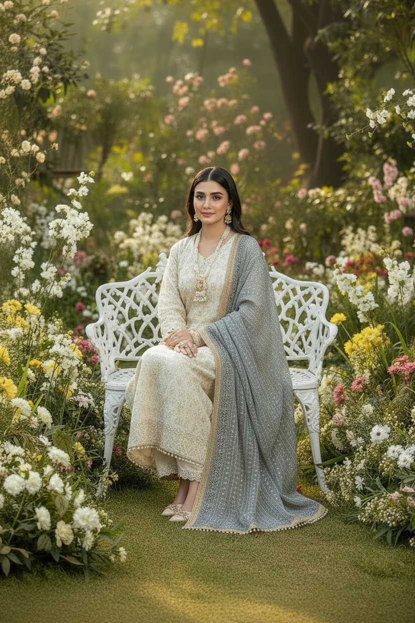 Kurta Bas Dupatta Blanc Gris Bleu  3 pièces