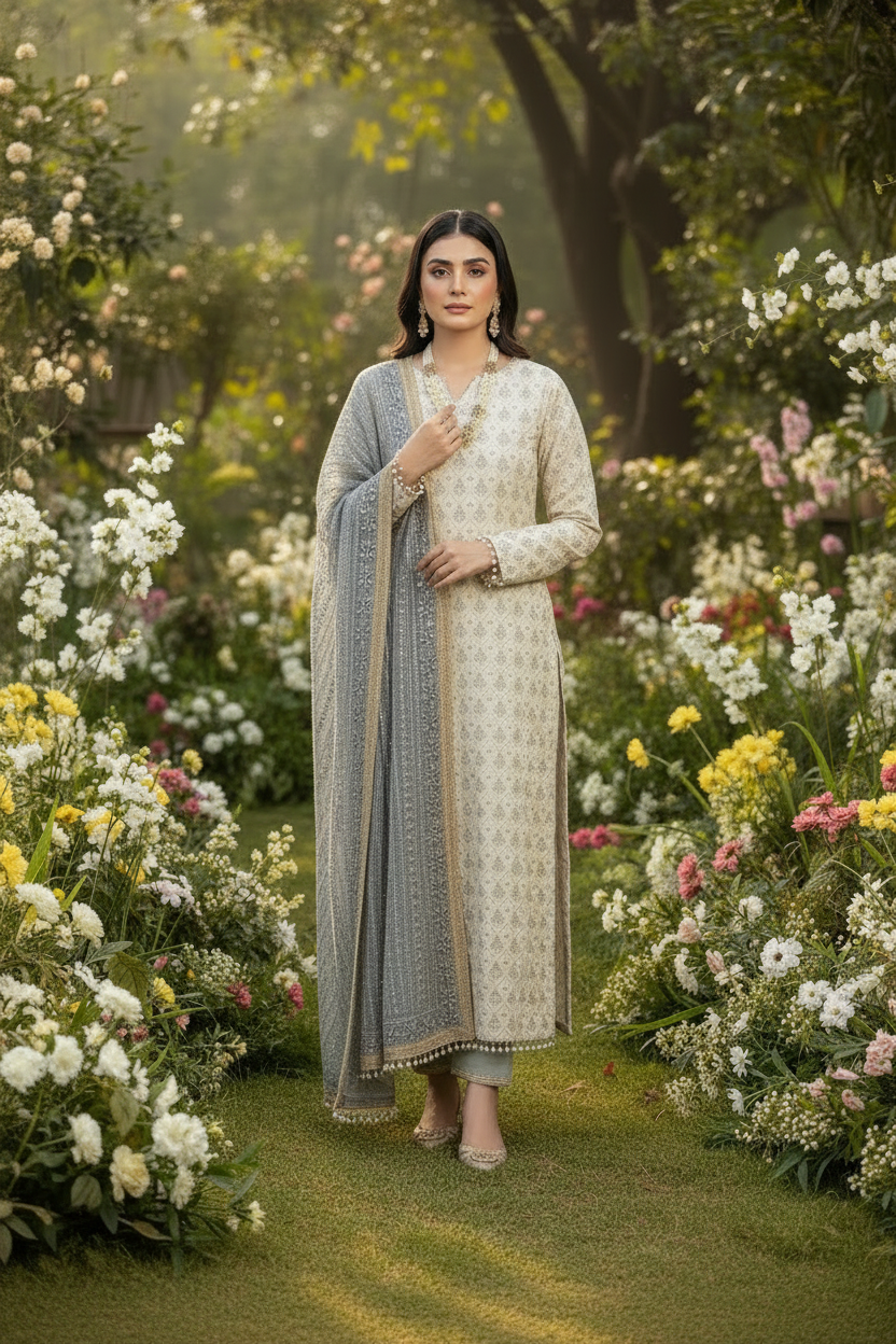 Kurta Bas Dupatta Blanc Gris Bleu  3 pièces