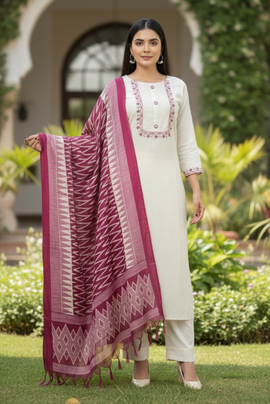 Kurta Blanc Rose Dupatta  3 pièces