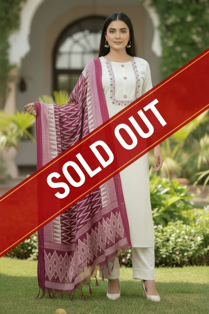 Kurta Blanc Rose Dupatta  3 pièces