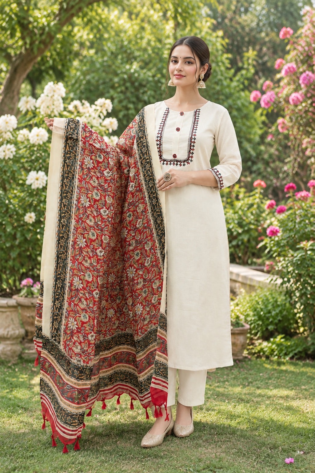 Shalwar Kameez Blanc Khadi Coton avec Dupatta