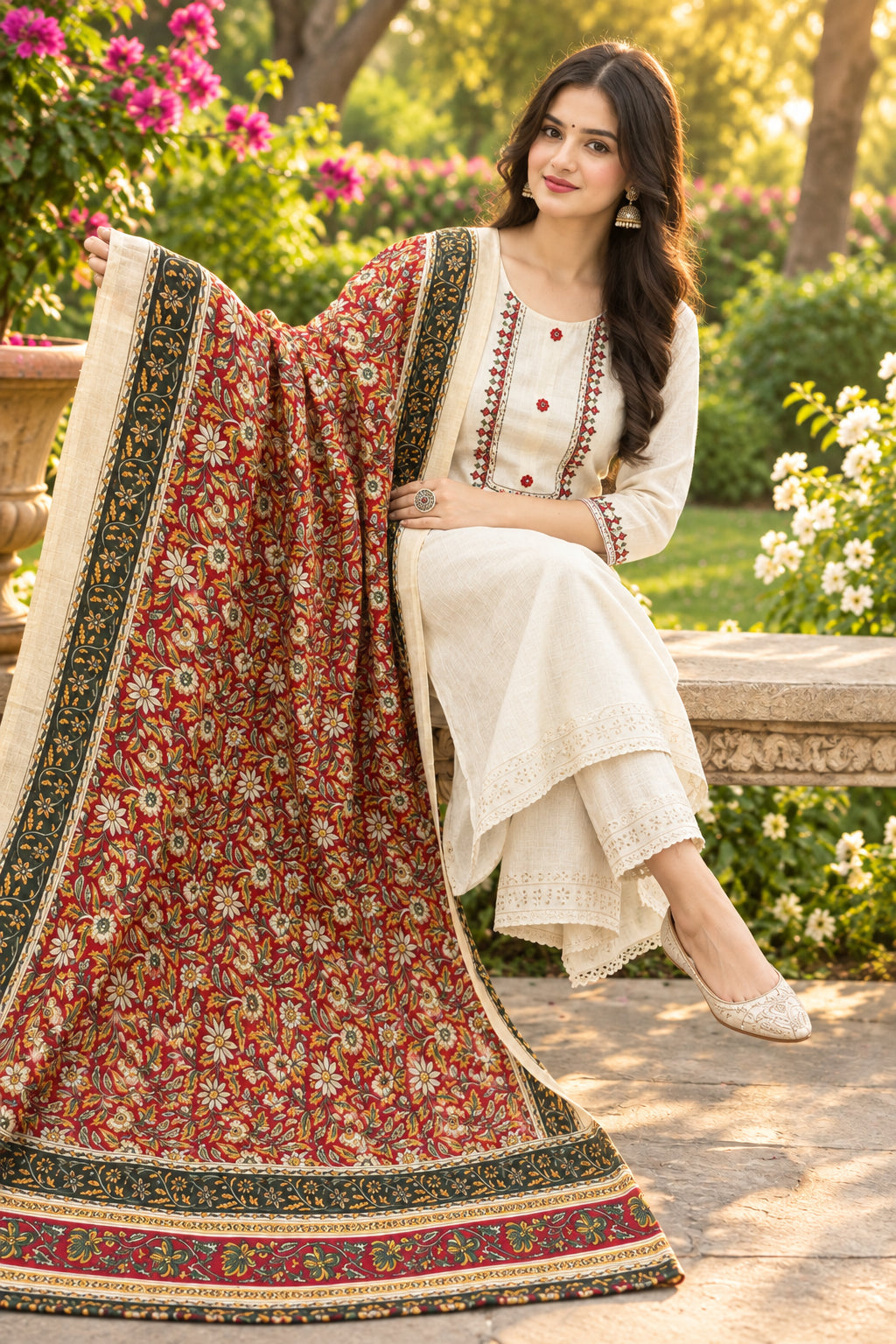 Shalwar Kameez Blanc Khadi Coton avec Dupatta