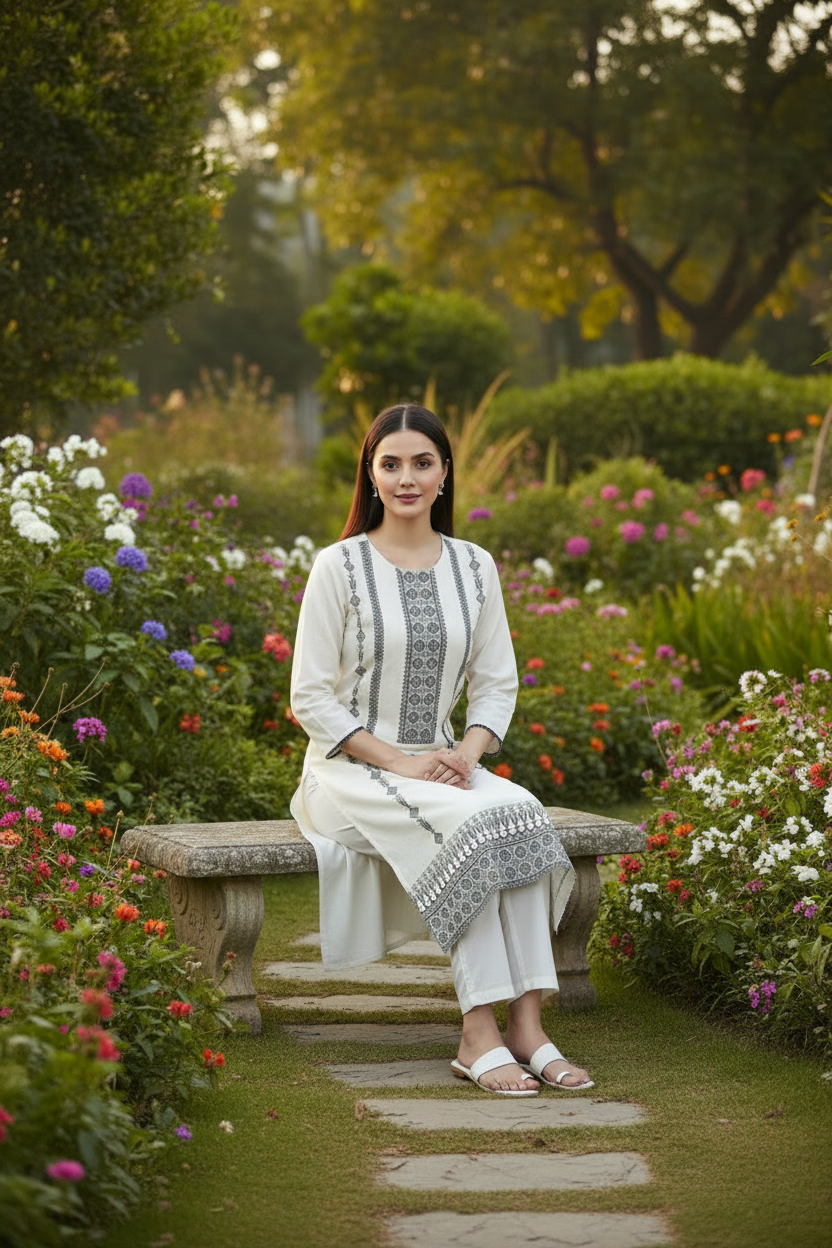 Kurta Beige Marine  2 pièces
