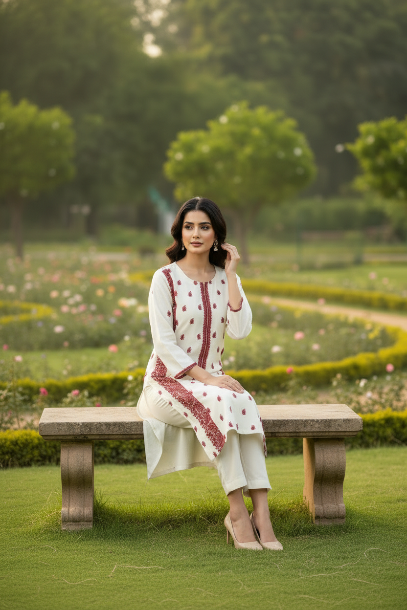 Kurta Beige Red  2 pièces