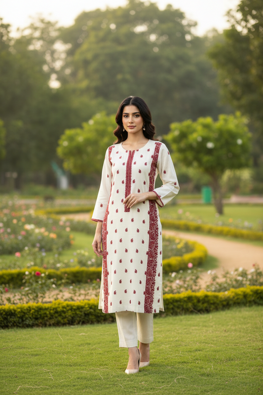 Kurta Beige Red  2 pièces