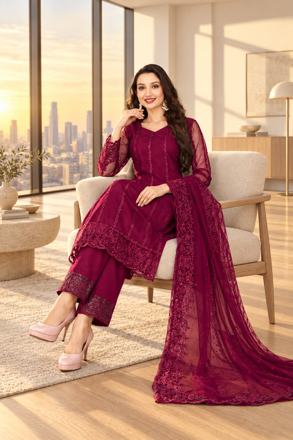 Shalwar Kameez Lilas Violette Foncé avec Dupatta