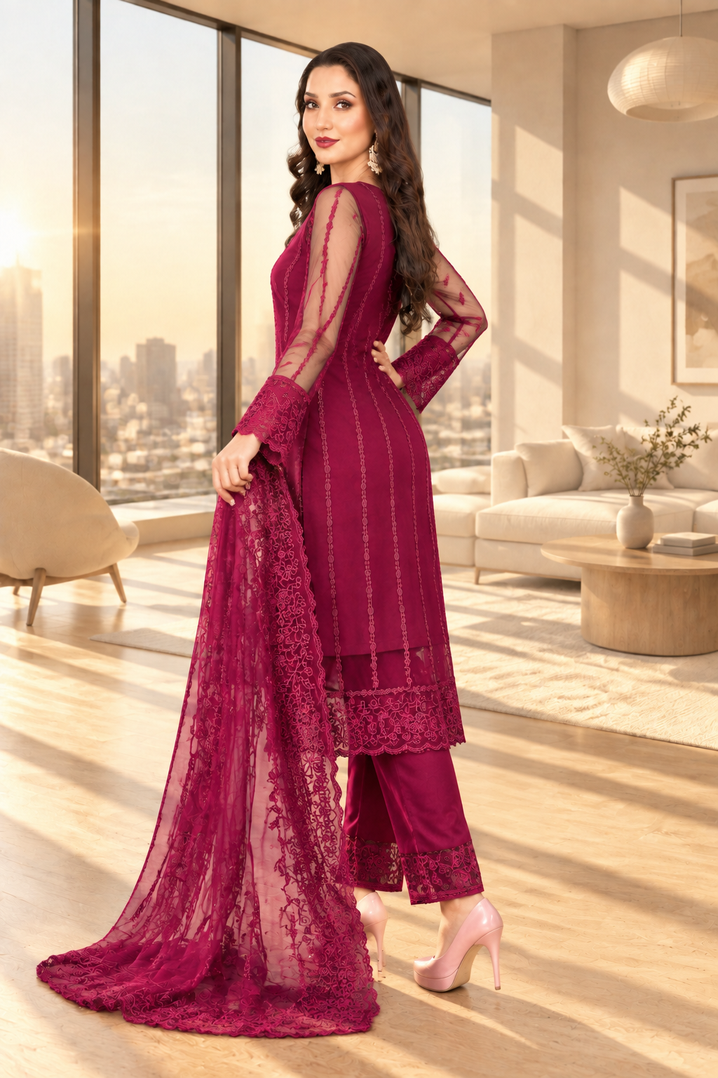 Shalwar Kameez Lilas Violette Foncé avec Dupatta