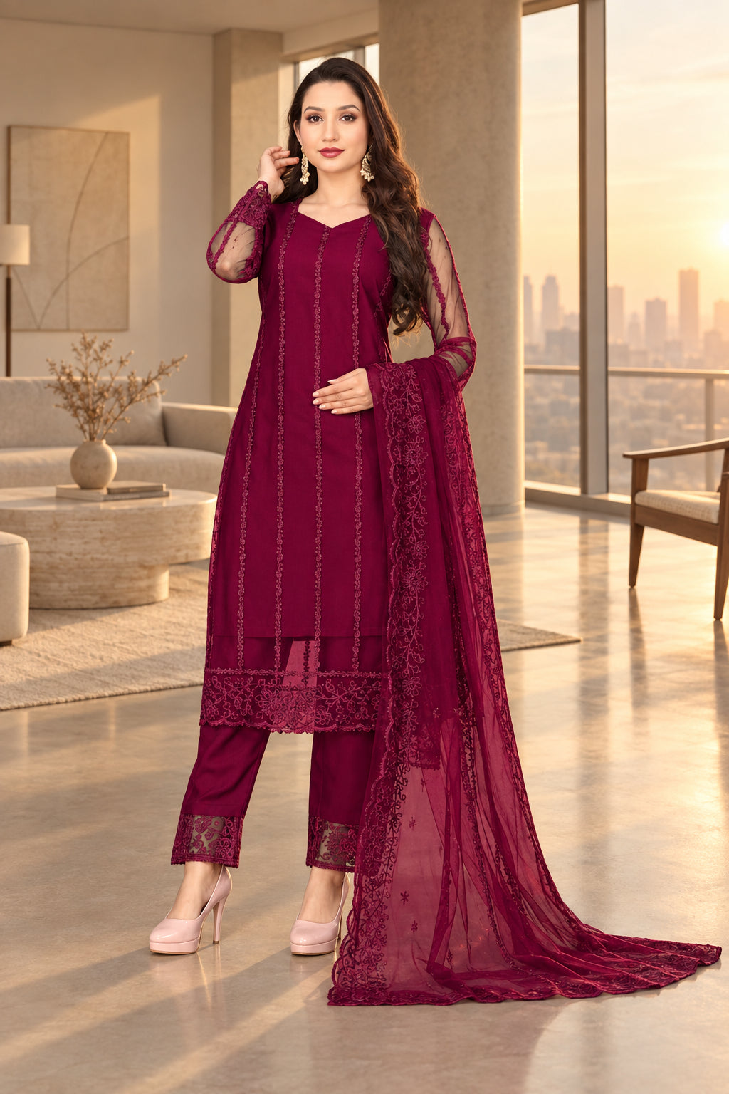 Shalwar Kameez Lilas Violette Foncé avec Dupatta