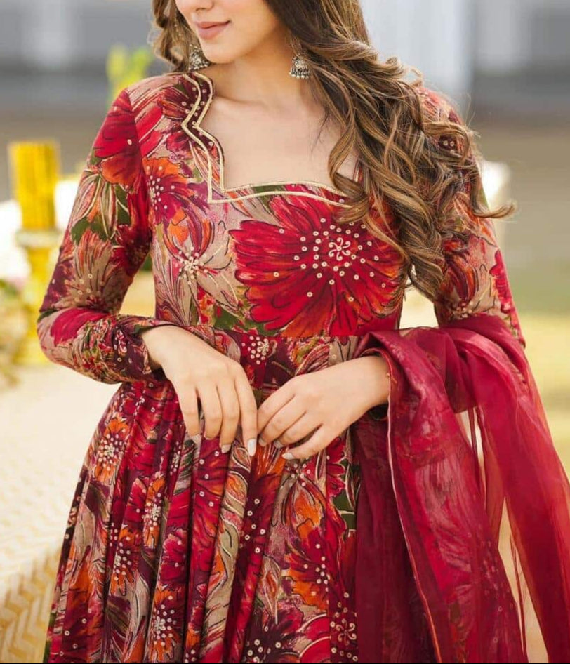 Robe Rouge Florales   2 pièces