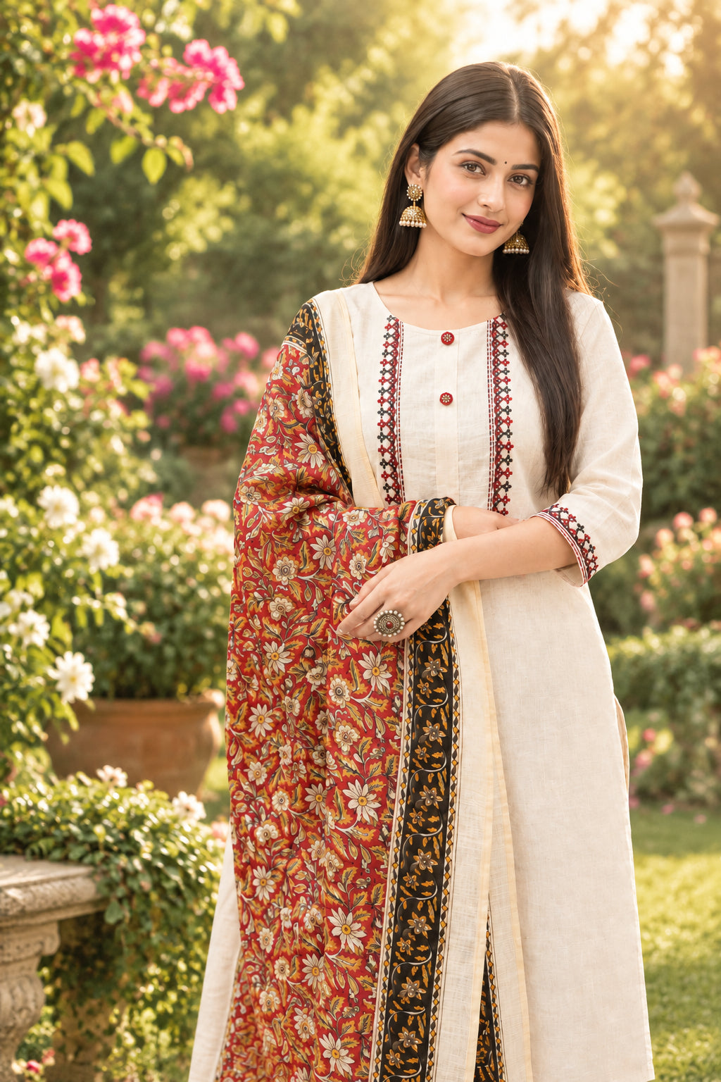 Shalwar Kameez Blanc Khadi Coton avec Dupatta