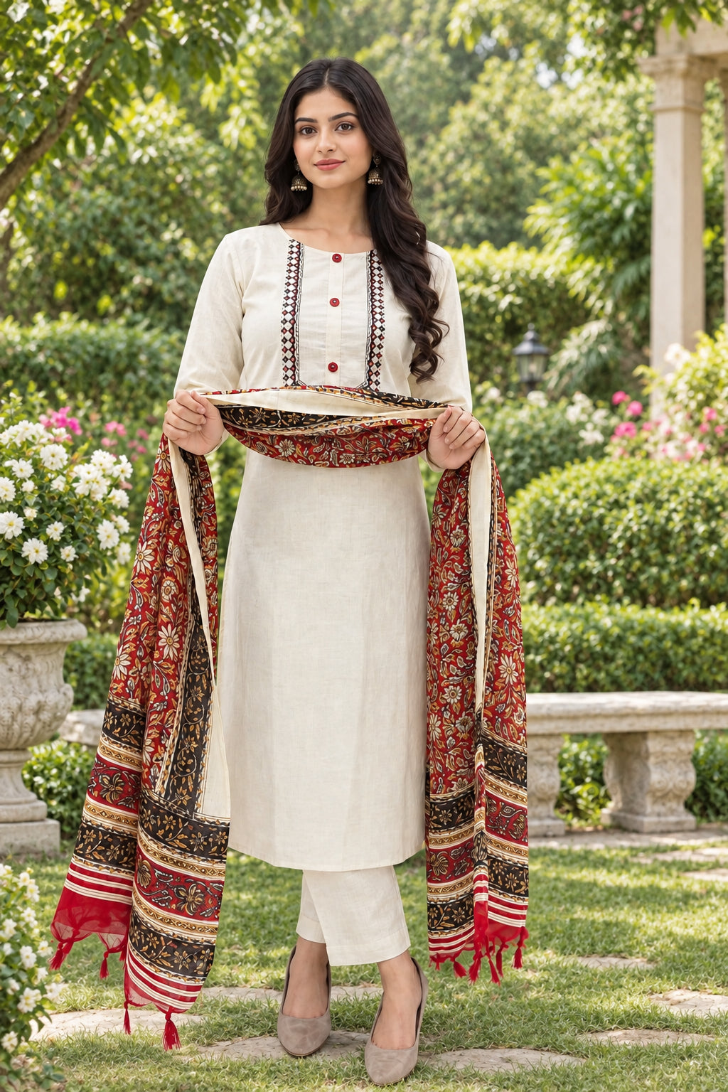 Shalwar Kameez Blanc Khadi Coton avec Dupatta