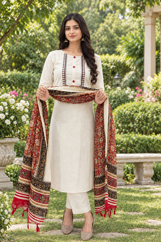 Shalwar Kameez Blanc Khadi Coton avec Dupatta