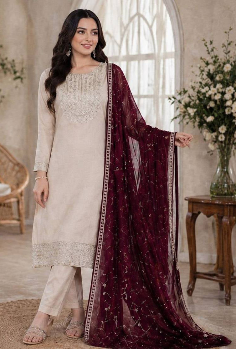 Shalwar Kameez Creme Dupatta Bordeau
