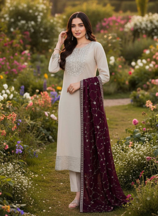 Shalwar Kameez Creme Dupatta Bordeau