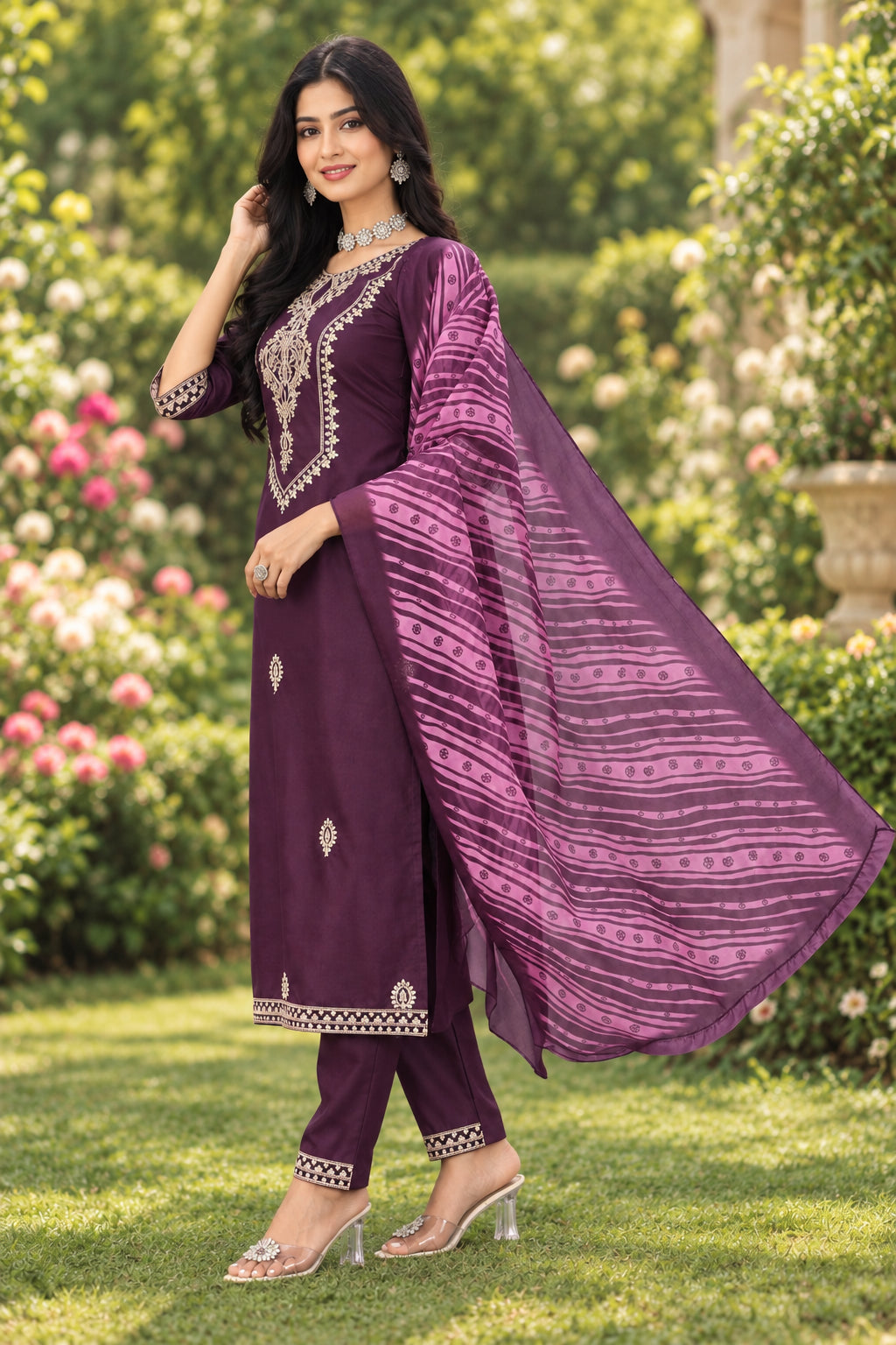 Shalwar Kameez Violette avec Dupatta Clair