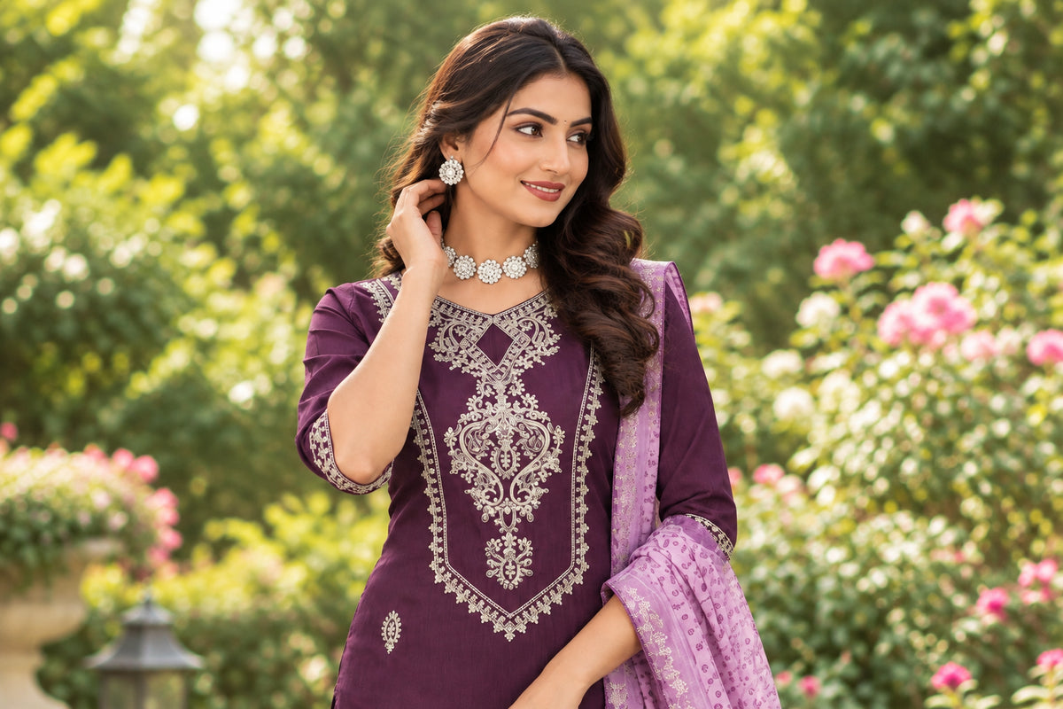 Shalwar Kameez Violette avec Dupatta Clair