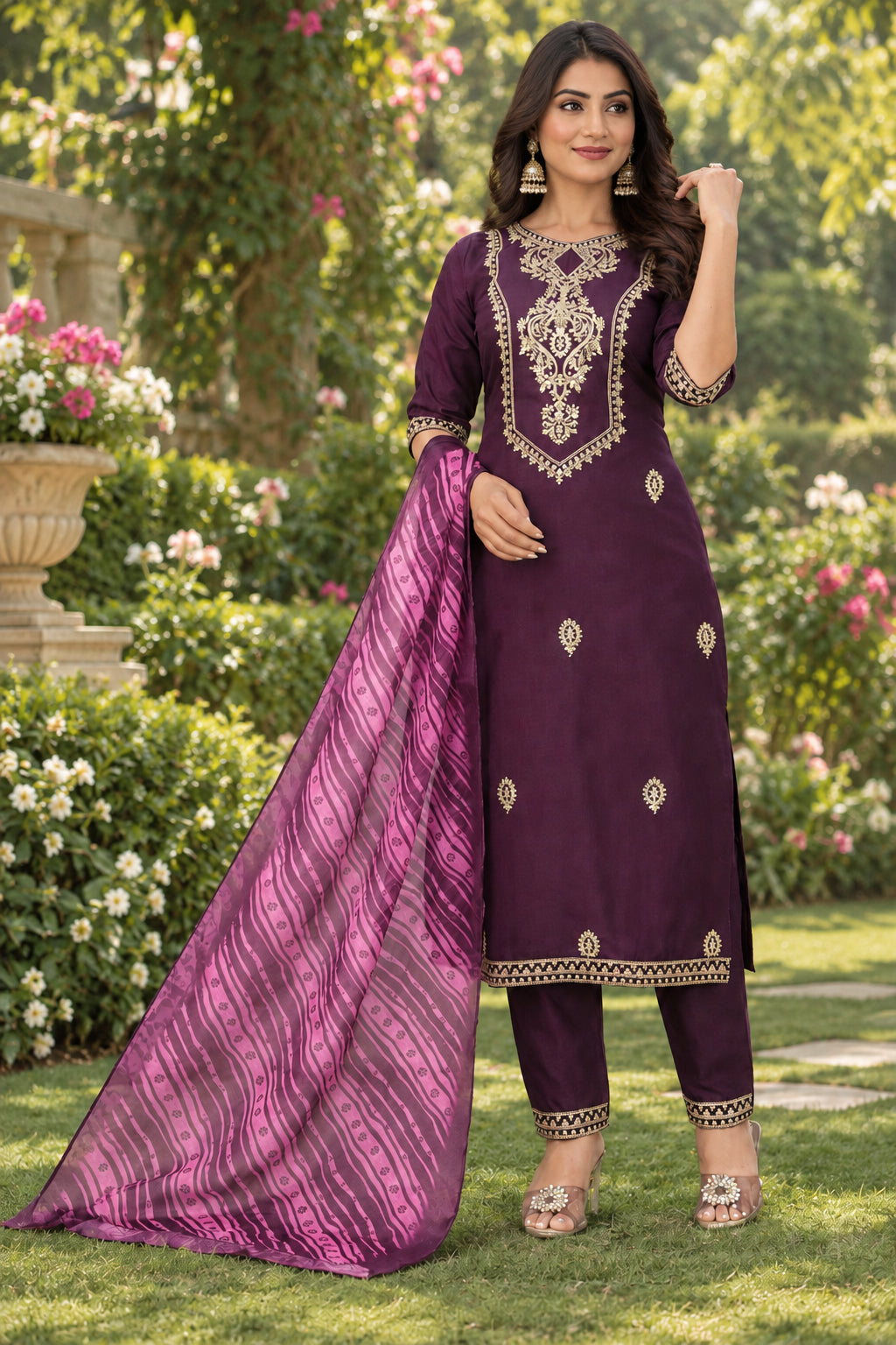 Shalwar Kameez Violette avec Dupatta Clair