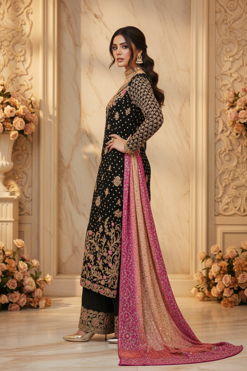 Top Palazzo Dupatta Noir et rose  3 pièces