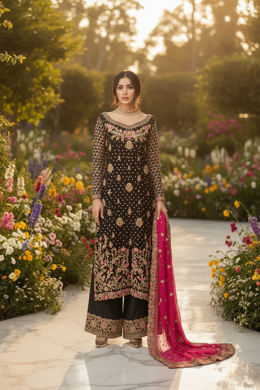 Top Palazzo Dupatta Noir et rose  3 pièces