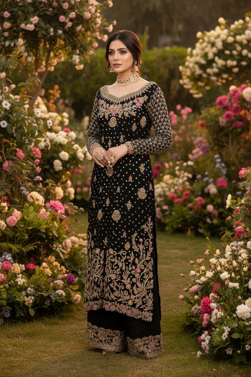 Top Palazzo Dupatta Noir et rose  3 pièces